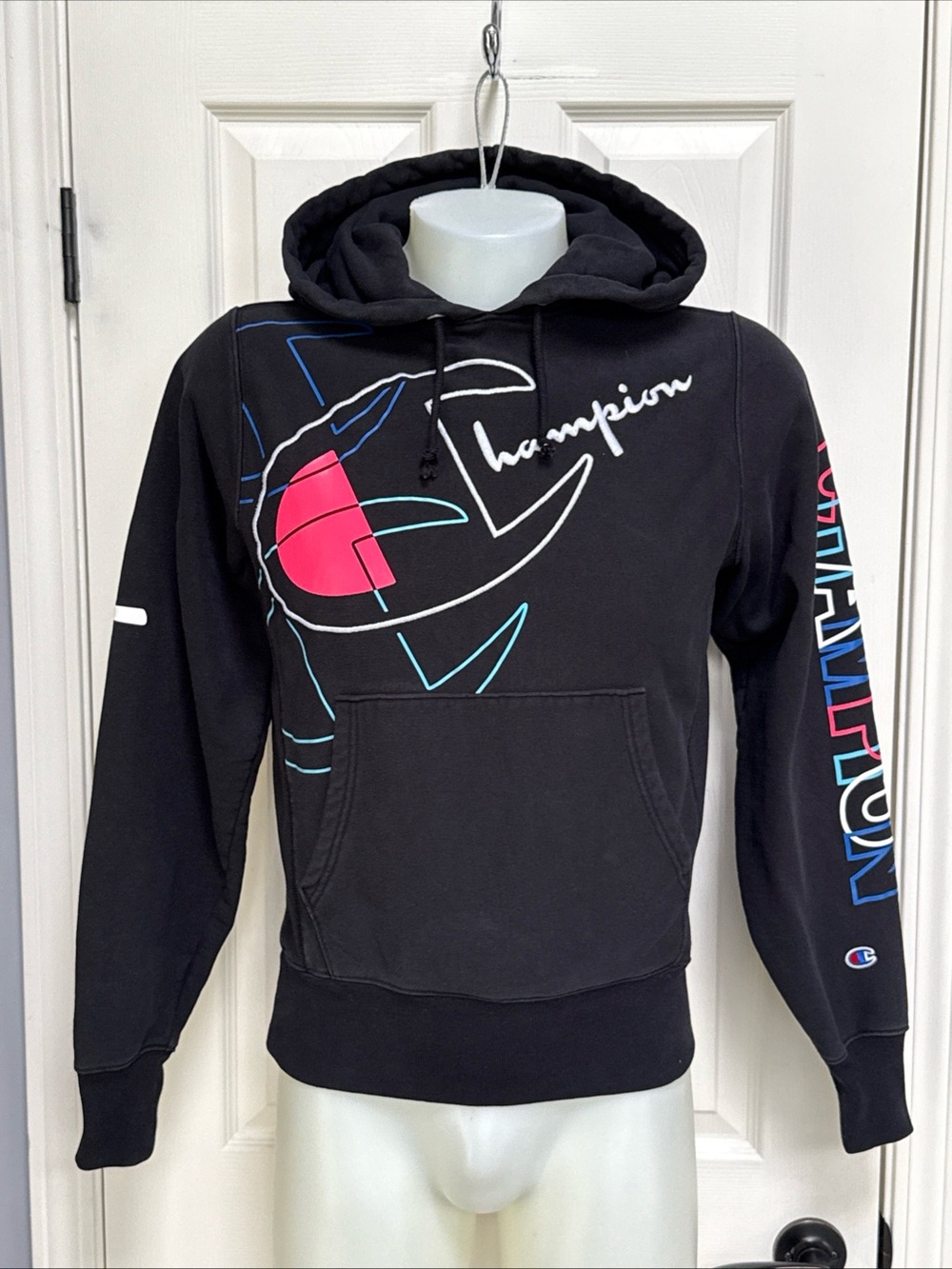 CHAMPION Reverse Weave Sweatshirt Hoodie Men Big Logo Embroidered Spellout sz S